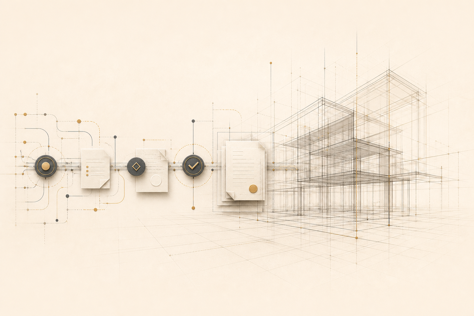 An integrated editorial illustration showing workflow handoffs, review checkpoints and documentation flowing into a clear architectural framework